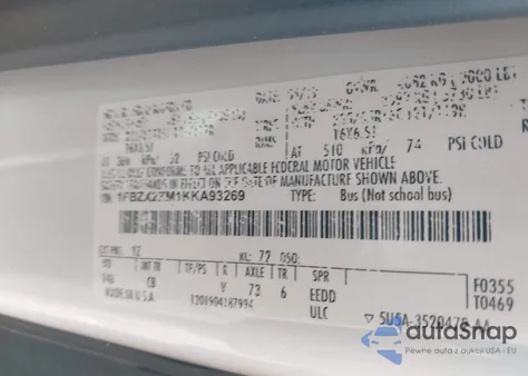 2019 Ford Transit-350 Xlt z USA, uszkodzony, nr VIN 1FBZX2ZM1KKA93269